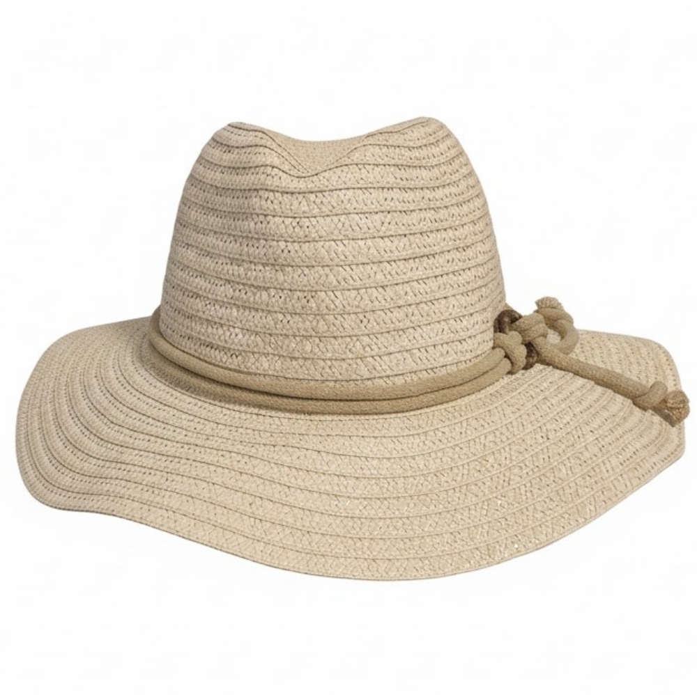 DKNYC Natural Beige Wide-Brim Straw Fedora with Knot Band